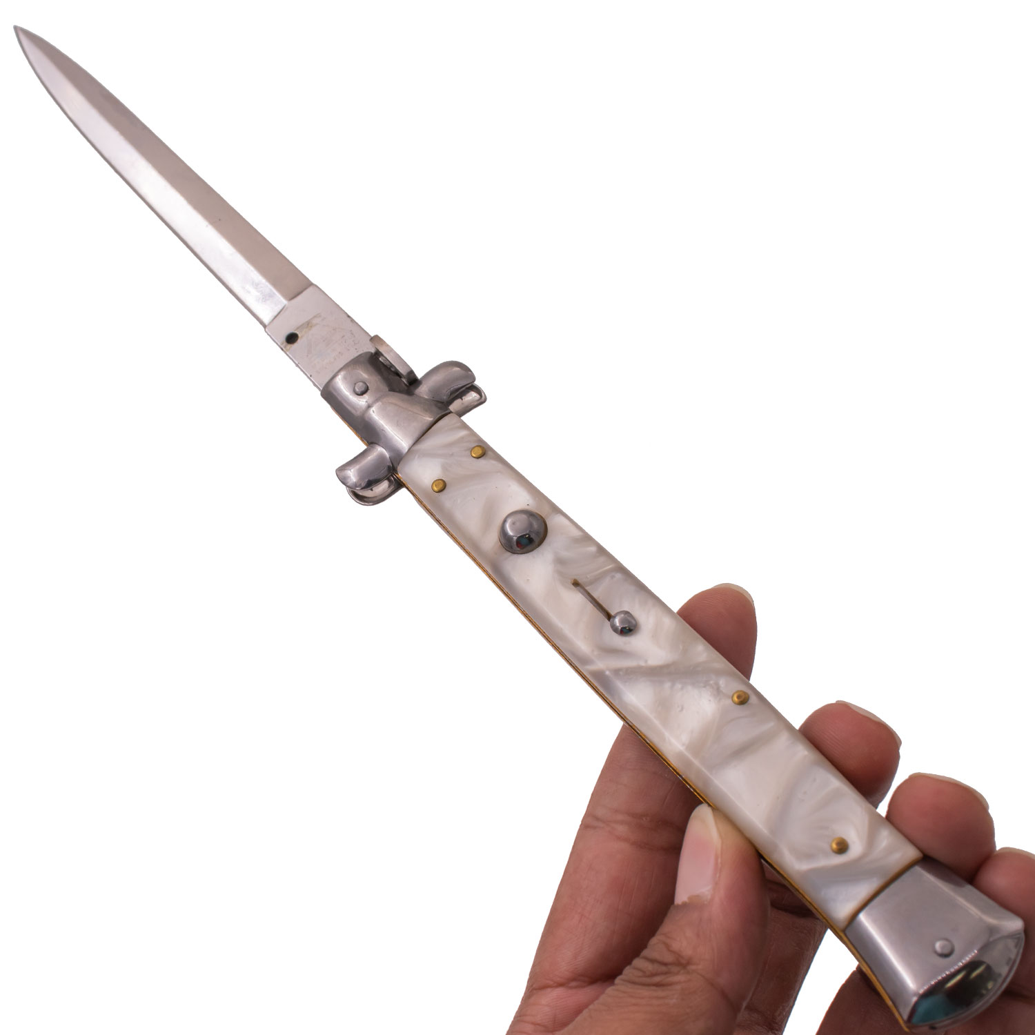 AKC 13 Inch Automatic Stiletto Italiano Button Push Knife (White Pearl)